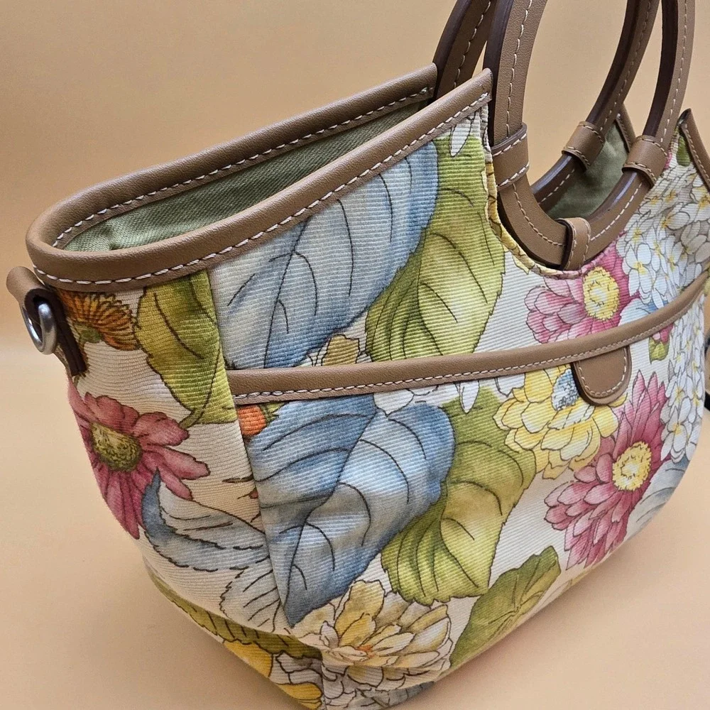 Vintage Fossil  Floral Tapestry Canvas Satchel Bag Circle Handles Tan Leather‎